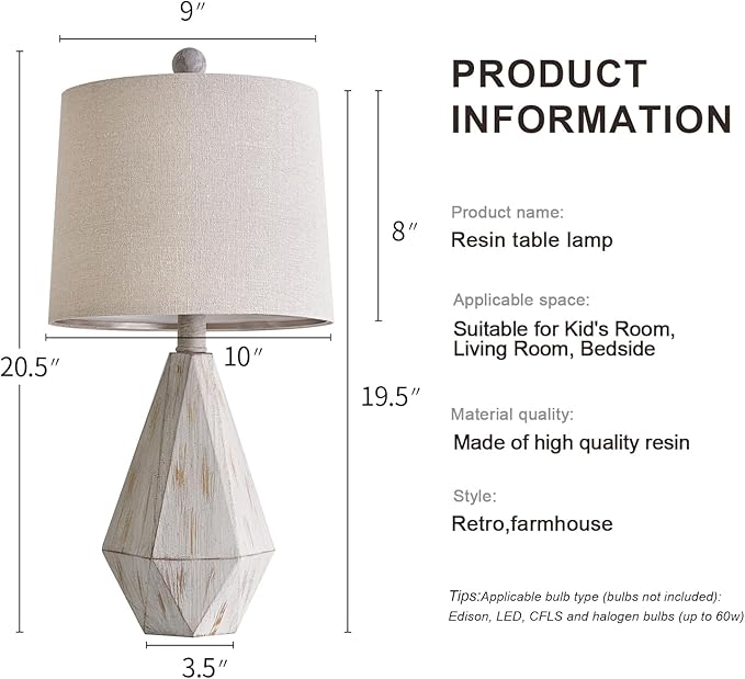 PoKat 20.25" Rustic Table Lamp Set of 2 for Bedroom Living Room Vintage Retro Traditional Nightstand Bedside Lamps Kids Room Study Room Office with Linen Shade, Suitable for Small Place
