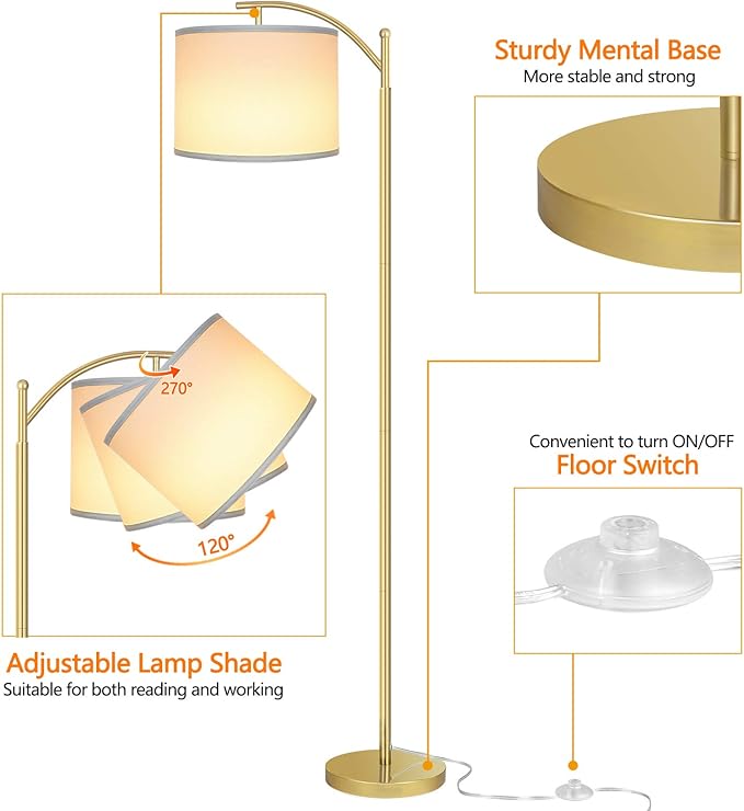 Rottogoon Floor Lamp for Living Room, LED Standing Lamp with 2 Lamp Shades Tall Industrial Floor Lamp Reading for Bedroom, Office, Study Room (9W LED Bulb, Beige & White Shades Included) -Gold