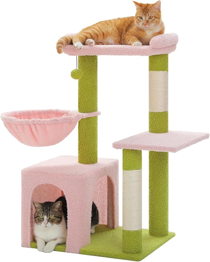 Pink Cat Tree for Indoor Cats with Metal Frame Carpet Hammock, 32" Cute Cat Tower with Cozy Condo, Top Perch, Scratching Posts, and Replaceable Ball Toy, Pet Furniture for Small Cats & Kittens