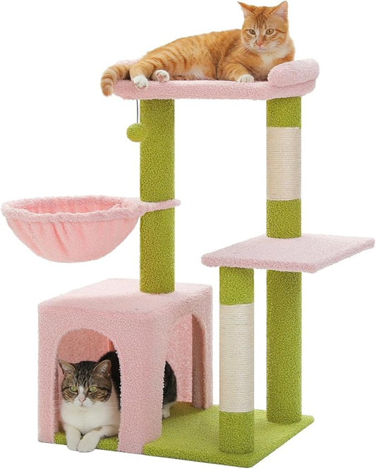 Pink Cat Tree for Indoor Cats with Metal Frame Carpet Hammock, 32" Cute Cat Tower with Cozy Condo, Top Perch, Scratching Posts, and Replaceable Ball Toy, Pet Furniture for Small Cats & Kittens