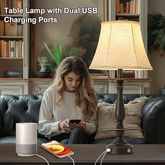 AIDENOEY 28.5" Traditional Table Lamp Set of 2, Rustic Farmhouse Table Lamps for Living Room Bedroom, Bedside Desk Lamps Vintage Nightstand Lamps with Silk Fabric Shades, Oil Rubbed Bronze