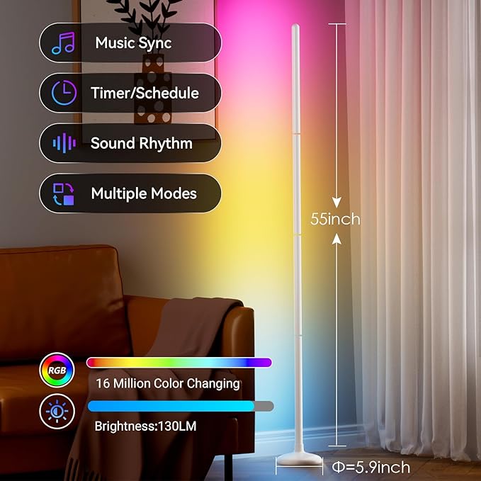 TJOY 2 Pack Smart Floor Lamps for Ambient Lighting, Crystal Joint Design, Modern LED Corner Light with Remote&APP Control, Music Sync, Color Changing Standing Lamp for Room(Whtie)