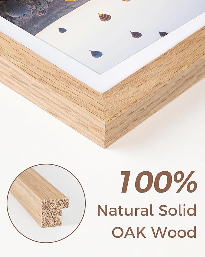 Marsmiles 8x10 Wooden Picture Frame, USA-Sourced Natural Oak Solid Wood Photo Frame with Plexiglass for Display Pictures 5x7 with Mat or 8x10 without Mat, Natural, 3 Pack