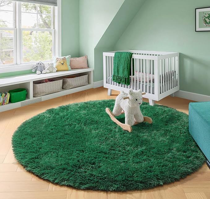 Amdrebio Dark Green Round Rug 6Ft for Living Room Bedroom, Fluffy Thick Floor Circle Area Rugs for Kids Room Decor, Furry Shag Rug for Baby Nursery, Teens Dorm, Fuzzy Plush Cool Emerald Green Carpet