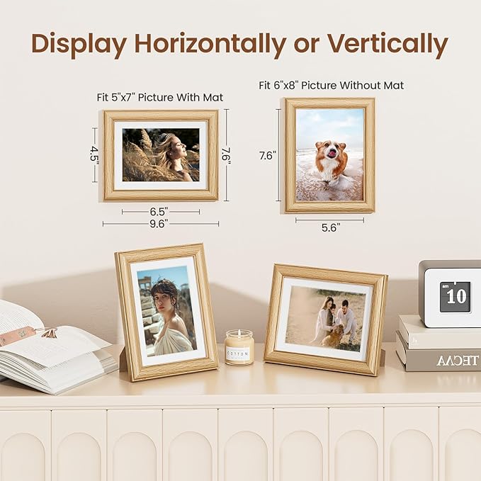 Vivelove 6x8 Picture Frame, Solid Oak Wood 6x8 Frame Display 5x7 with Mat or 6 x 8 Without Mat, 6 by 8 Photo Frame for Wall & Tabletop Display, Natural Oak Color, 3 Pack