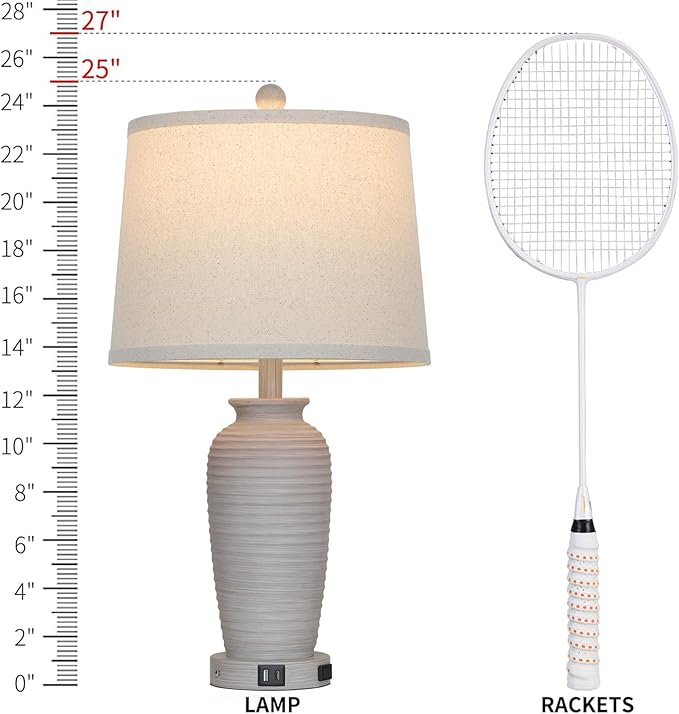 25“ Traditional Table Lamps Set of 2, Bedside Touch Lamp with USB C+A Charging Ports, Rustic Farmhouse Jar Table Lamps for Living Room Bedroom, Side Table Lamp with Beige Fabric Shade, Antique Grey