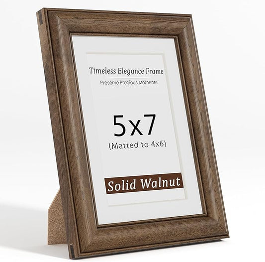 5x7 Picture Frame, USA-Sourced Walnut Wood Frame with Tempered Glass, Display 4x6 with Mat or 5x7 Without Mat, 5 by 7 Photo Frame for Wall & Tabletop Display, Handcrafted Wood Frame, 1 Pack
