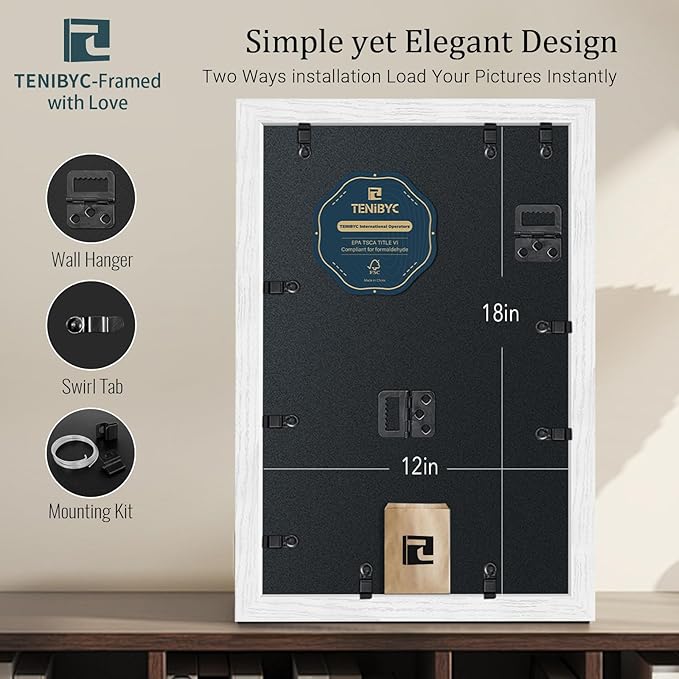 12x18 Frame Set of 4 - White, Textured Wood & HD Tempered Glass, 12x18 White Poster Frame, Vertical or Horizontal Wall Hanging - Gallery Decoration