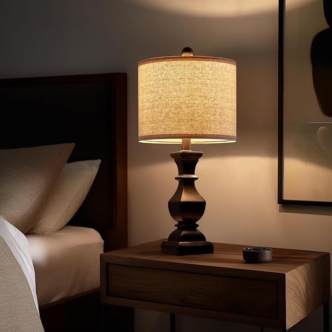 PoKat 20.5'' Bedside Table Lamp for Bedroom Nightstand - Farmhouse Lamp for Living Room, Black Night Stand Light Lamp with Round Linen Shade, Vintage Bedroom Lamp, Suitable for Small Place