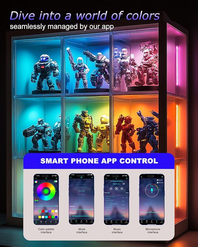 Cefrank Color Cabinet Lighting, 4pcs 12" Linkable RGB LED Light Bar Kit for Display Cabinet, Smart App & Remote Control, Music Sync, Scene Modes, Multi-Colors