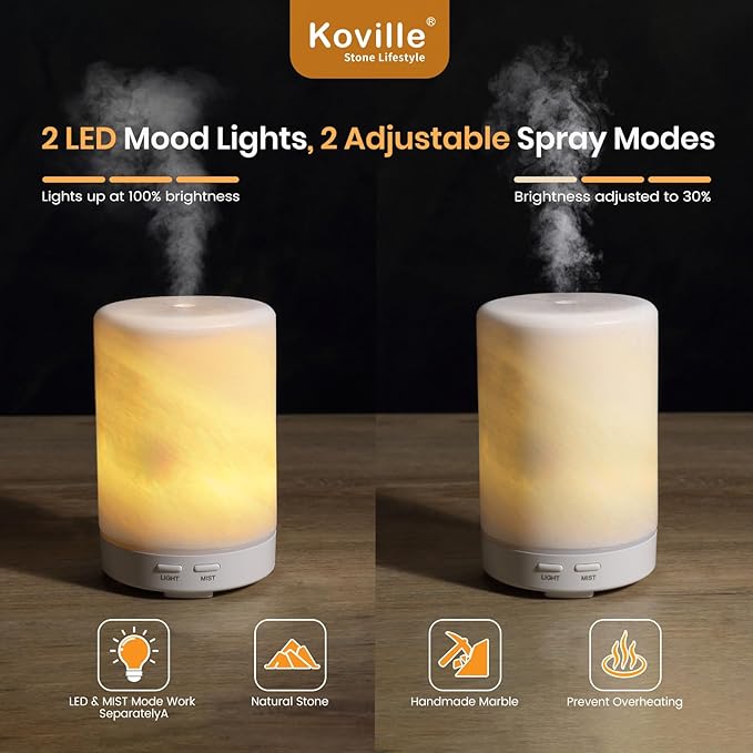 Koville White Marble Essential Oil Diffuser - Ultrasonic Aromatherapy & Humidifier with 2-Color LED Lights, 110ML Decorative Marble Aromatherapy Diffuser, Auto Shut-Off, Scent for Home, Office, Yoga
