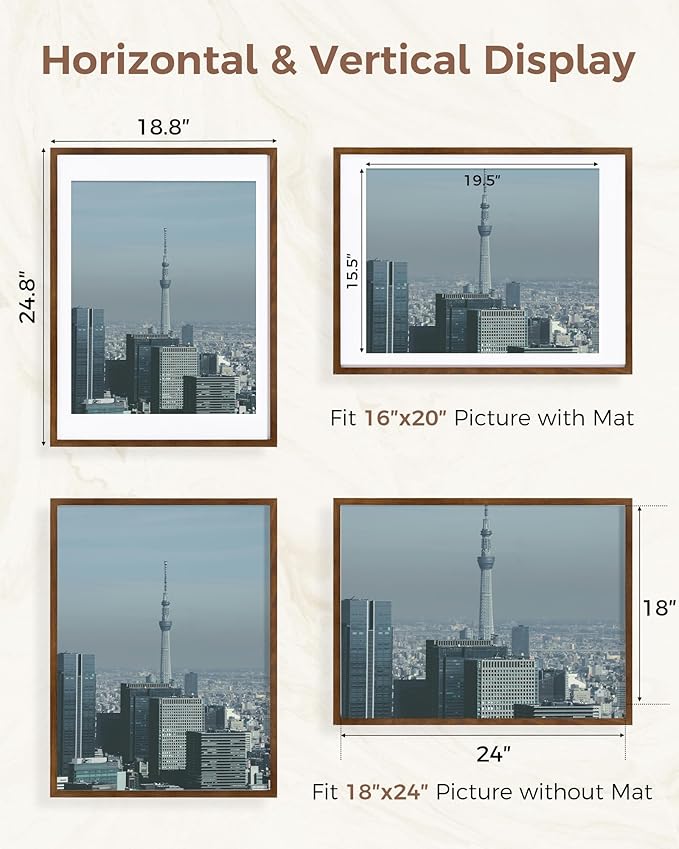 Marsmiles 18x24 Wooden Picture Frame, USA-Sourced Natural Oak Solid Wood Photo Frame with Real Glass for Display Pictures 16x20 with Mat or 18x24 without Mat, Walnut, 1 Pack