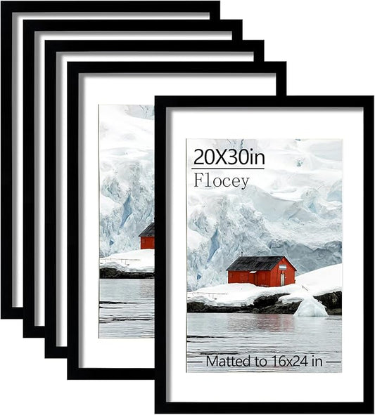 20x30 Picture Frame Set of 5, Black Poster Frame, Display Pictures 16 x 24 with Mat or 20 x 30 Without Mat for Horizontal or Vertical Wall Mounting, Wall Gallery Frame