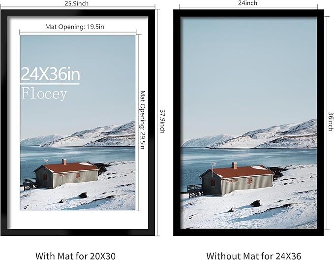 24x36 Picture Frame Set of 5, Black Poster Frame, Display Pictures 20 x 30 with Mat or 24 x 36 Without Mat for Horizontal or Vertical Wall Mounting, Wall Gallery Frame for Artwork