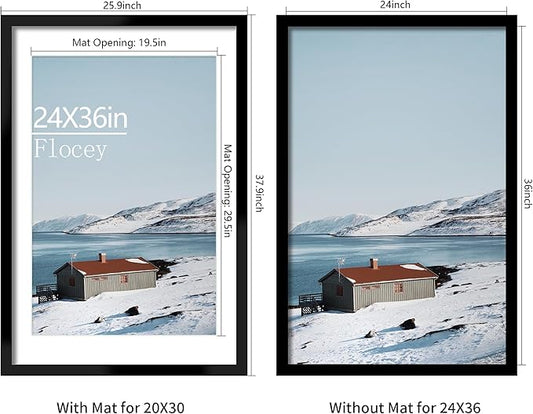 24x36 Picture Frame Set of 5, Black Poster Frame, Display Pictures 20 x 30 with Mat or 24 x 36 Without Mat for Horizontal or Vertical Wall Mounting, Wall Gallery Frame for Artwork