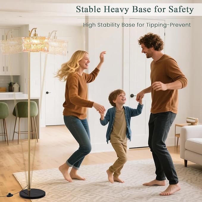 Vintage Gold Floor Lamp for Living Room, Amber Glass Lampshade Modern Standing Lamp with Remote, Mid Century Dimmable Tall Lamp for Bedroom, Study Room (Bulb Included)