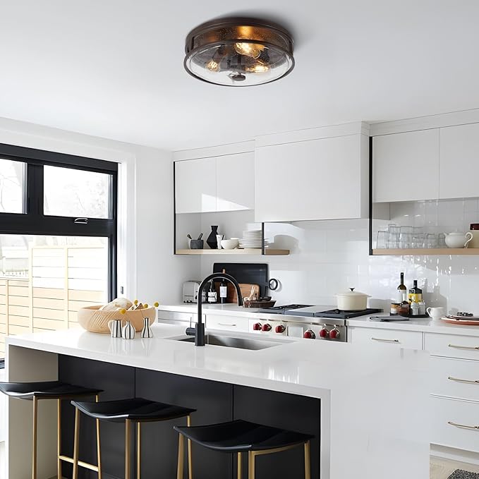 16 Inch Large Flush Mount Ceiling Light Fixture with Seeded Glass, Bronze Round Ceiling Lamp Shade, Modern Farmhouse Indoor Outdoor Ceiling Lighting for Kitchen Dining Living Room Foyer