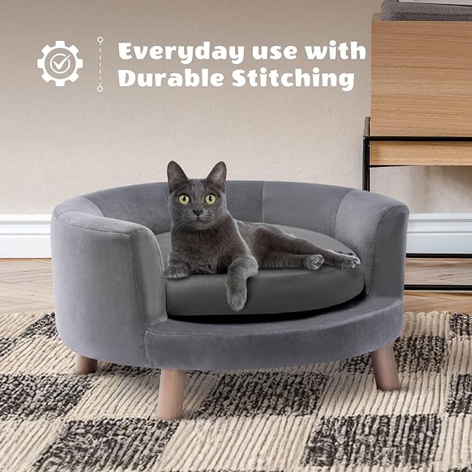 CRITTER SITTERS 28-In. Faux-Velvet Gray Dog Couch for Small to Medium-Sized Dogs, Modern and Stylish Elevated Dog Bed, Durable and Comfortable Pet Beds