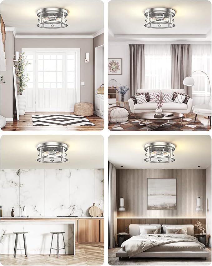 EAPUDUN Flush Mount Ceiling Light, 12inch 2-Light Modern Close to Ceiling Light Fixture, Brushed Nickel Finish with Clear Glass Shade for Hallway Entryway Bedroom Porch FMA1412-BNK