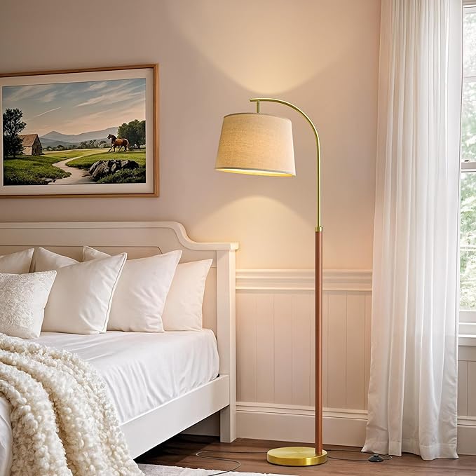 62.5" Wood Floor Lamp for Living Room Gold with Foot Switch Arc Standing Tall Lamps for Bedroom Mid Century Modern Corner Floor Lamps for Office Nursery Industrial Reading Light Room Lamp