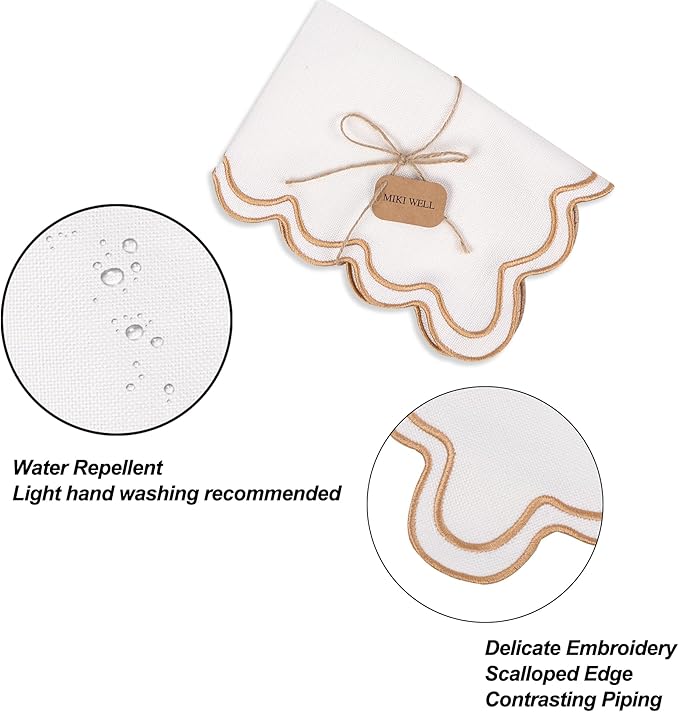 Set of 6 Cotton Linen Placemats, 13''x 19'' Wavy Embroidery Scalloped Placemats Washable Rustic Dinner Waterproof Table Mats (Khaki)