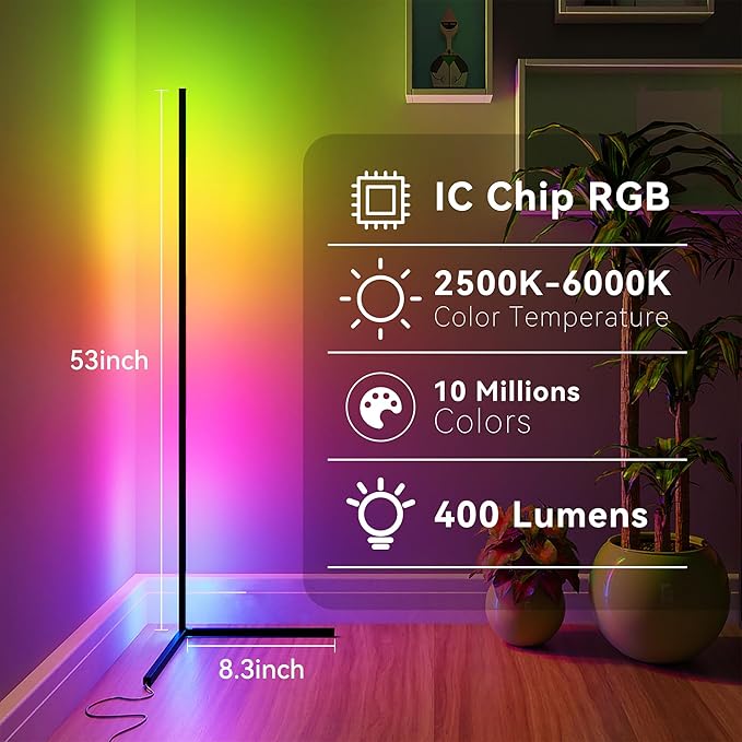 TJOY 2 Pack RGB Led Floor Lamps, Smart Corner Floor Light with APP&Remote, 16 Million Color Changing, Music sync, Modern Lamp for Bedroom Living Room Gaming Room, Timing&Schedule, Home Decoration