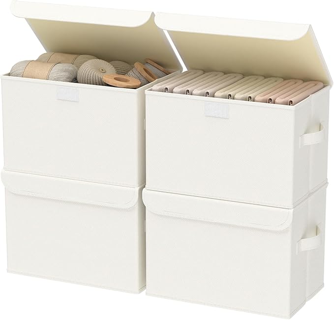 Foldable Storage Bin, Cube Organizer Basket with Flip-Top Lid and 2 Handles, Decorative Boxes for Shelves with Cover for Clothes, Towels, Blanket, 4 Pack, Beige, 13 x 9 x 7.9 In, XSNY12BEM-4