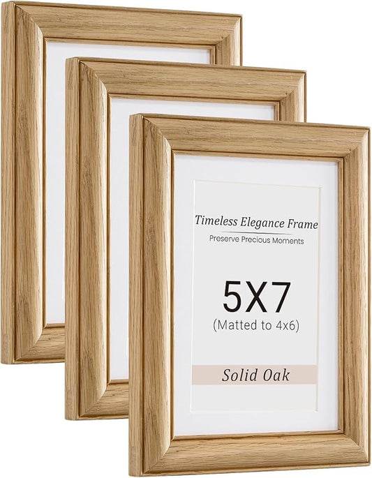 Vivelove 5x7 Picture Frame, Solid Oak Wood 5x7 Frame Display 4x6 with Mat or 5 x 7 Without Mat, 5 by 7 Photo Frame for Wall & Tabletop Display, Natural Oak Color, 3 Pack