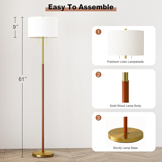 61" Wood Floor Lamp 2-Light for Living Room Standing Tall Lamps Mid Century Modern Floor Lamps for Bedroom Office Nursery Corner Industrial Reading Room Lamp, 3 Color Temperatures 9W Bulbs Included