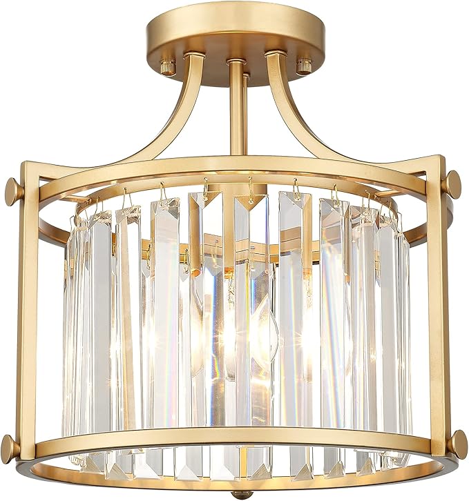 Crystal Semi Flush Mount Chandelier, 11'' Gold Ceiling Light, Modern Flush Mount Light Fixture for Bedroom Kitchen Laundry Entryway, CL4832-1W-PG