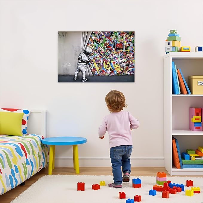 Banksy Canvas Wall Art Graffiti Wall Art Behind The Curtain Picture - 28x40 Inches Built-in Wooden Frame, Lightweight & Ready to Hang, Urban Street Art for Office, Bedroom, Living Room Decor