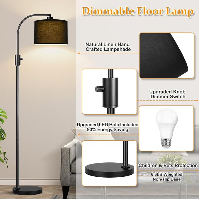 【Upgraded】 Dimmable Black Floor Lamp, 1200 Lumens LED Bulb Included, Arc Floor Lamps for Living Room Modern Standing Lamp with Black Shade, Tall Lamp for Living Room Bedroom Office Reading Room Office