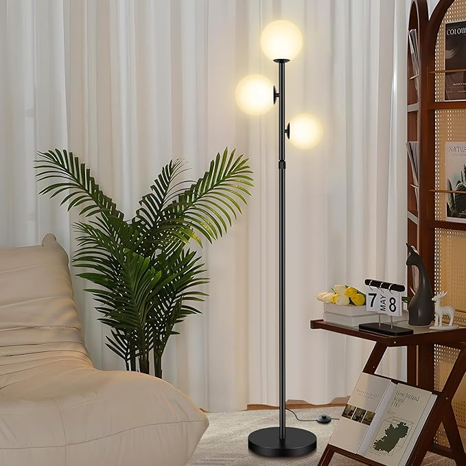 67" Mid Century Floor Lamps for Living Room, 3 Globe Floor Lamp with Frosted Glass Shades, Adjustable Height Standing Lamp with Foot Switch, Tall Lamps for Bedroom Office, G9 Bulbs Included, Black