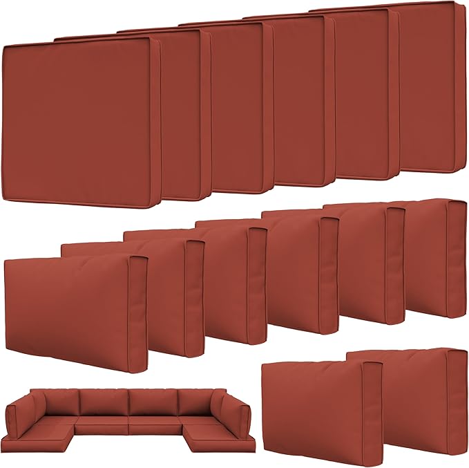 14 Pcs Outdoor Patio Cushion Covers, Replaceable Waterproof Furniture Covers, Outdoor Non-Slip Covers with Zippers, Couch 3 Sizes, Covers Only (Terra Red)