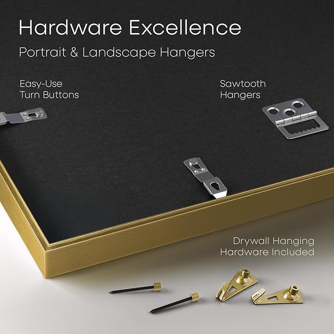 Homeforia 8.5 by 11 Picture Frame Gold, High End Metal 8.5x11 Poster Frames with Mat 6x8 Photo, 8.5 x 11 Frame Matted to 6 x 8 Print, 8.5by11 Wall or Tabletop Frame, Tempered Glass, Wall Kit, Set of 1