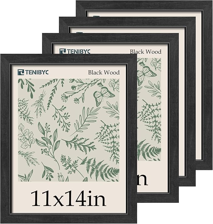 11x14 Picture Frame Set - 4 Pack, Classic Black Photo Frame, HD Tempered Glass, Elegant Wood Grain, Wall Hanging