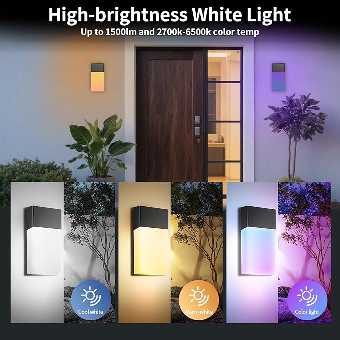 Outdoor Wall Lights RGB, 1500LM Smart Exterior Porch Sconces Wall Mounted Lighting, IP65 Waterproof, DIY Lighting for Garden, Garage and Patio - Ideal for Festivals The Christmas and Parties, 1 Pack