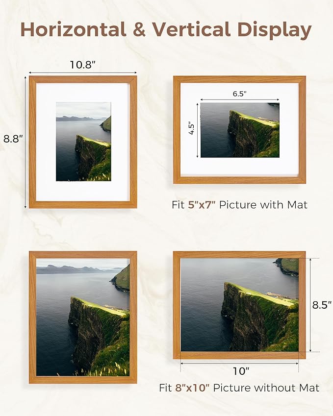 Marsmiles 8x10 Wooden Picture Frame, USA-Sourced Natural Oak Solid Wood Photo Frame with Plexiglass for Display Pictures 5x7 with Mat or 8x10 without Mat, Teak, 1 Pack