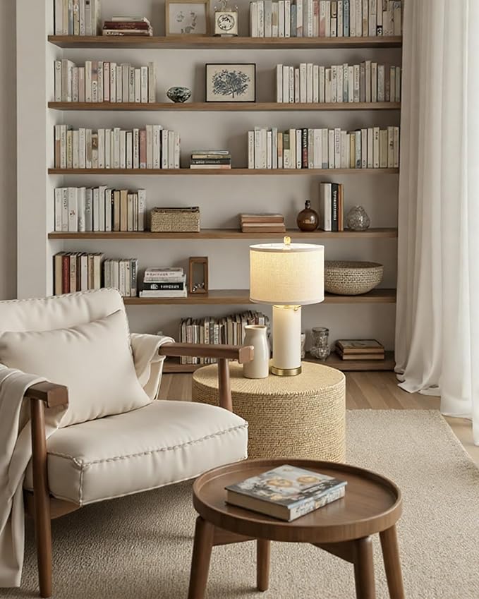 KDG 23.4" White PU Leather Table Lamps for Living Room Set of 2, 3 Level Brightness LED Modern Home Decor Fabric Lampshade Desk Lamp Lighitng for Bedroom, Bedside, Farmhouse, Nightstand, Night Light