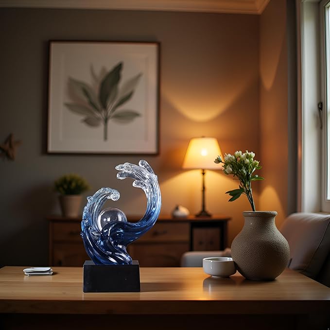 Modern Abstract Decorative Wave Statue, Gold Abstract Art Home Decor,Crystal Ball Art Wave Resin Sculpture, Office Desk Stand, Dining Table Center Decorative Aesthetics (Blue)