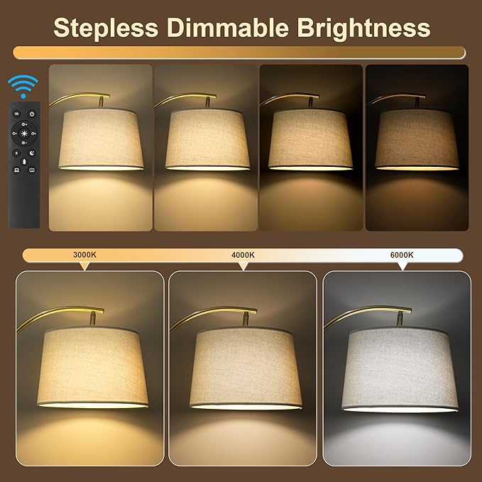62.5" Gold Floor Lamp for Living Room Dimmable Standing Lamp with Remote & Foot Switch, 3 Color Temperatures Arc Tall Lamp Wood Mid Century Modern Floor Lamps for Bedroom Office, 9W Bulb Included