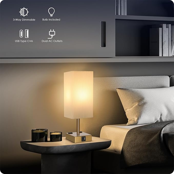 Soilsiu Set of 2 Bedside Table Lamp 3 Way Dimmable Nightstand Lamp with USB C & USB A Charging Port, 2 AC Outlets, 3000K LED Bulbs (Pleate)