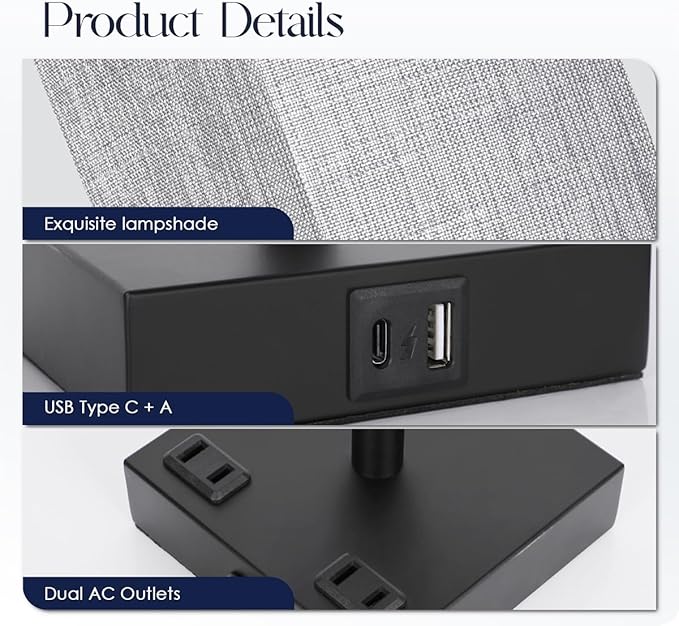 Bedside Table Lamps Set of 2 - Touch Nightstand Lamp for Bedroom with USB C+A Charging Ports & AC Outlets, 3-Way Dimmable Desk Lamp Grey Fabric Shade for Bedroom Living Room, Office(Bulb Included)