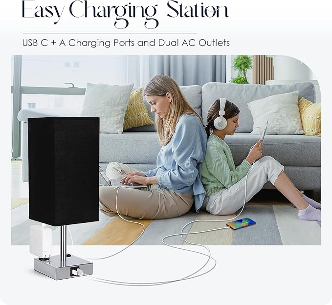Soilsiu Set of 2 Bedside Table Lamp 3 Way Dimmable Nightstand Lamp with USB C & USB A Charging Port, 2 AC Outlets, 3000K LED Bulbs (Black)