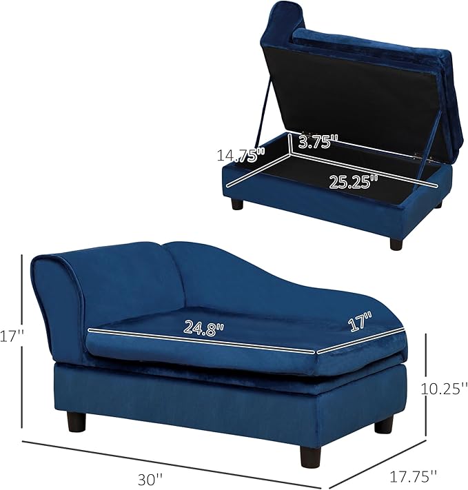 PawHut Luxury Fancy Dog Couch with Hidden Storage, Small Dog Sofa Bed with 2" Soft Foam, Modern Pet Furniture for Puppies & Little Breeds, Blue