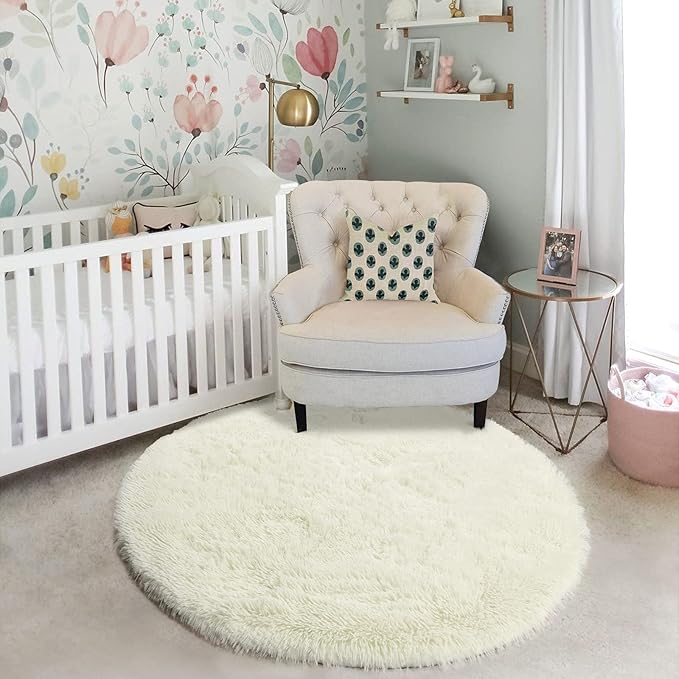 Amdrebio Ivory White Round Circle Rug 6Ft for Kids Bedroom Aesthetic, Big Washable Fluffy Fuzzy Area Rugs for Living Room, Circular Plush Soft Shaggy Cream Carpet for Baby Nursery Teen Girls Boys