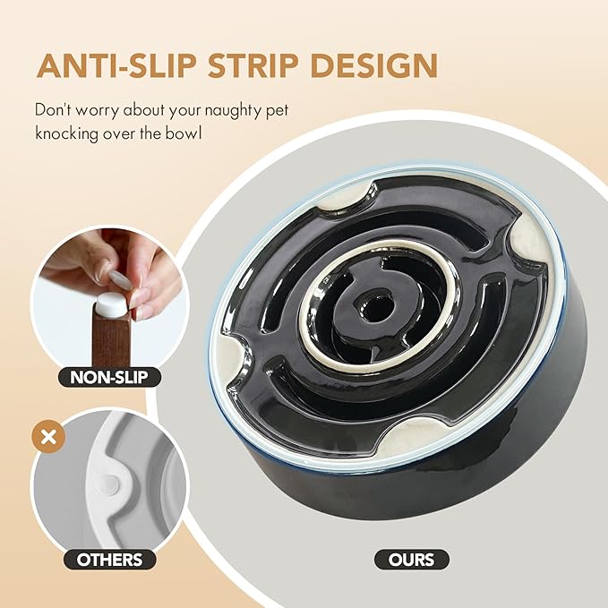 Ceramic Raised Slow Feeder Dog Bowl Set, Elevated 8.2inch Bowl and 9.5inch Slow Feeder Dish with Acacia Wood Stand for Large Dog, Preventing Choking(2X Starry Sky+ Stand)