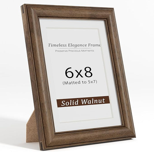 6x8 Picture Frame, USA-Sourced Walnut Wood Frame with Tempered Glass, Display 5x7 with Mat or 6x8 Without Mat, 6 by 8 Photo Frame for Wall & Tabletop Display, Handcrafted Wood Frame, 1 Pack