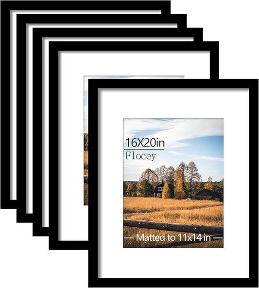 16x20 Picture Frame 5 Pack, Black Poster Frame, Display Pictures 11 x 14 with Mat or 16 x 20 Without Mat for Horizontal or Vertical Wall Mounting, Wall Gallery Frame for Artwork Certificate