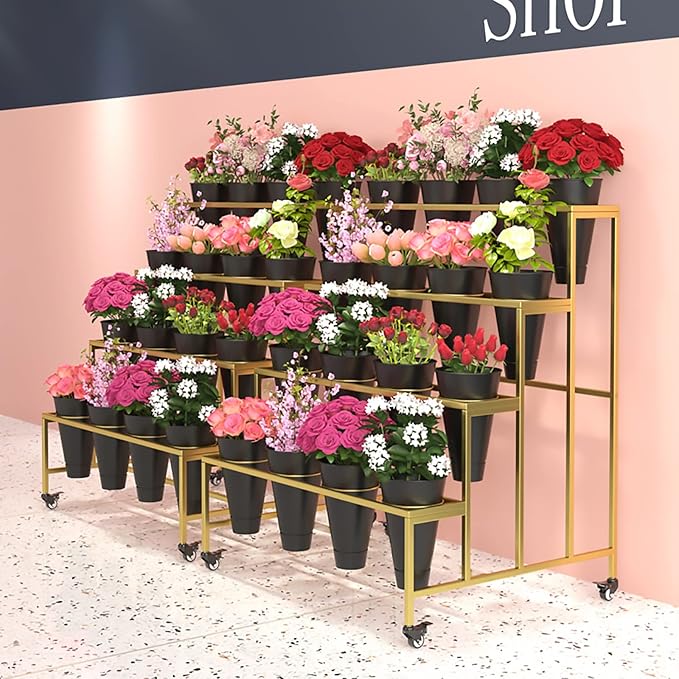 Flower Display Stand With 12PCS Buckets, 3 Layers Metal Plant Stand with Wheels, Heavy Duty Moving Plant Cart Shelf, for Indoor, Outdoor Patio Garden, Living Room, Florist (Black - Round Bucket)